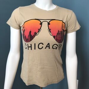 Retro Chicago skyline sunglasses tan tee shirt